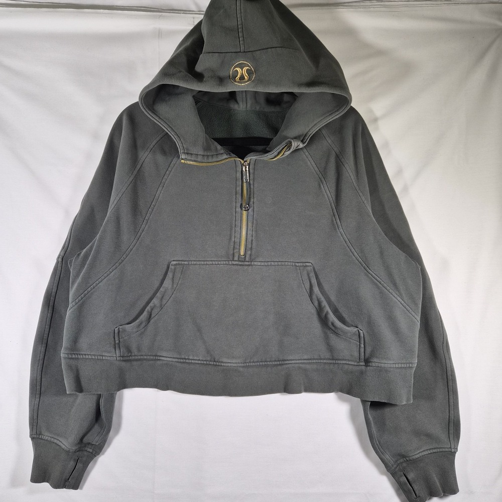 Lululemon XL/XXL Forest Green Cropped Half Zip Hoodie Womens Oversized Gold Logo